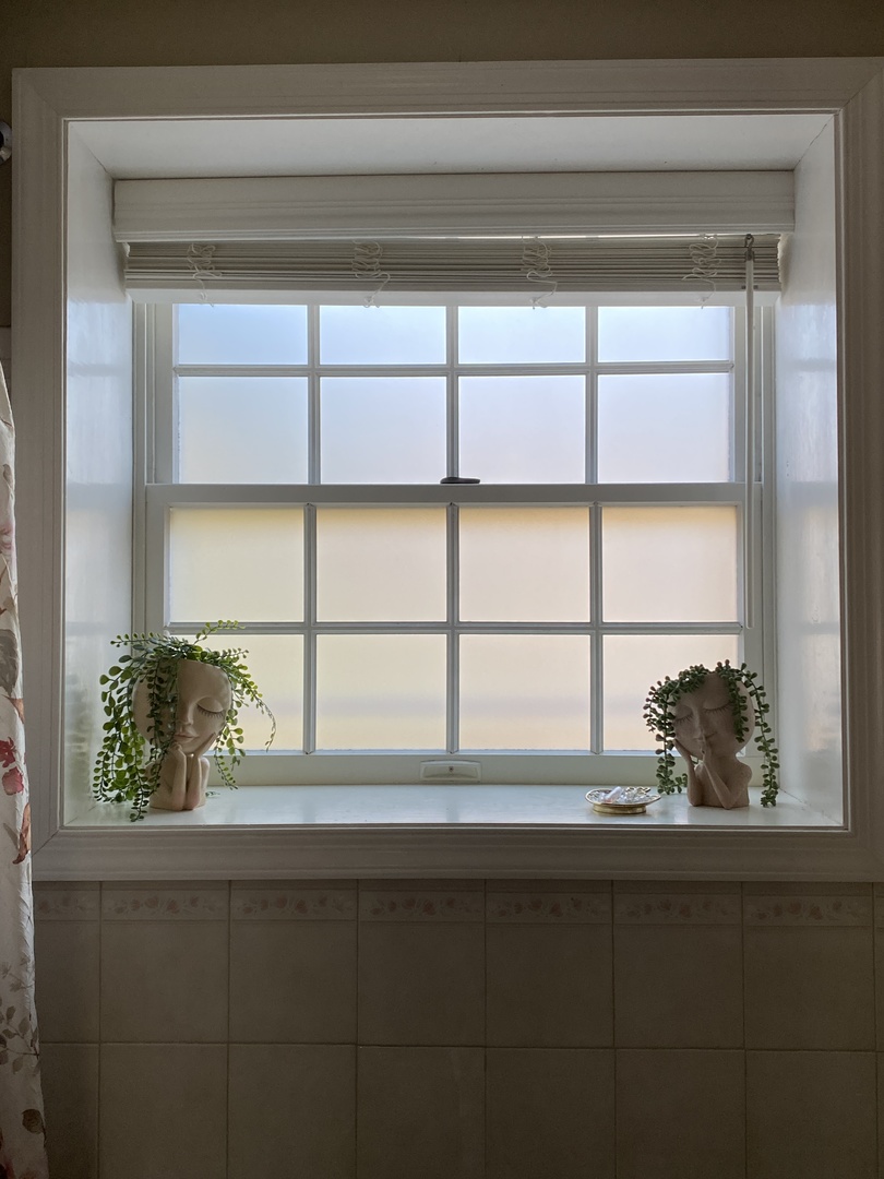 Bathroom grid window with SXGF-0097 Deep Etch white frost film and decorative planters on sill
